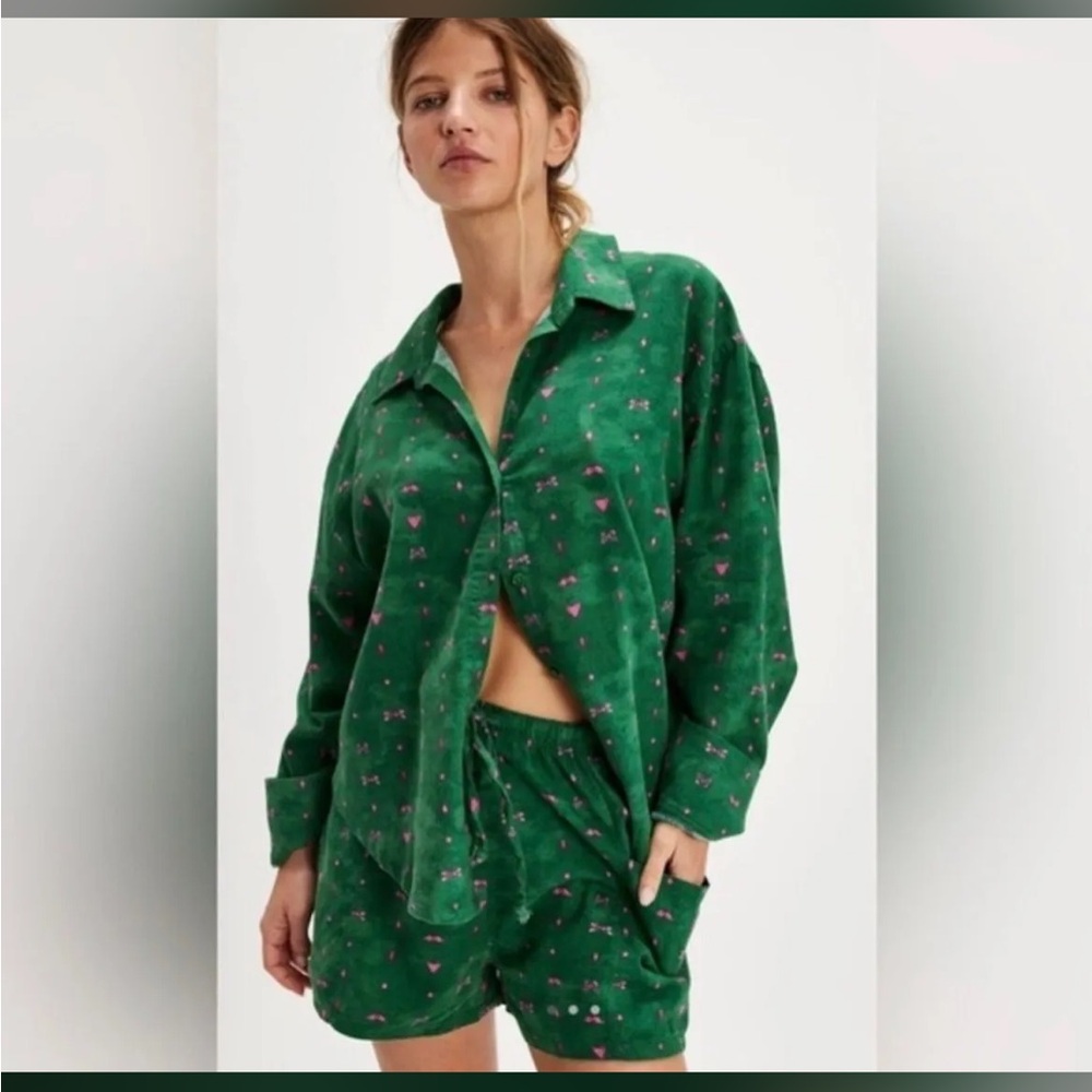 Free People Intimately Flannel Play Date Set Cotton Green Combo Pajamas XS